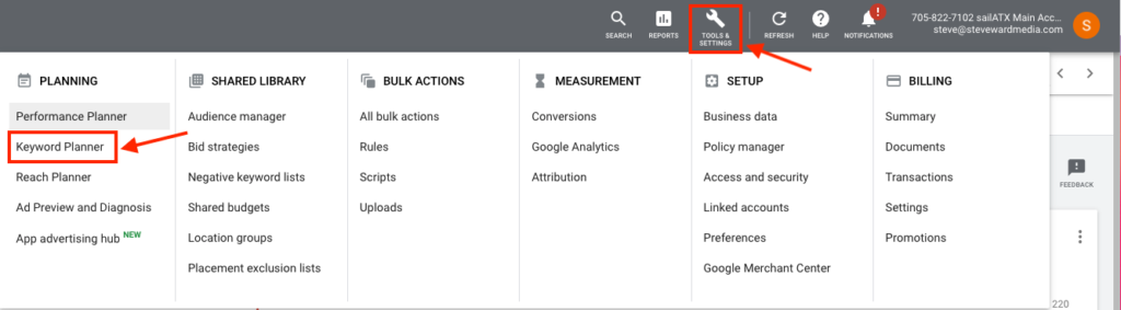 Google Ads Keyword Planner Menu