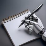 Robot hand in close up holding pen atop a spiral notebook